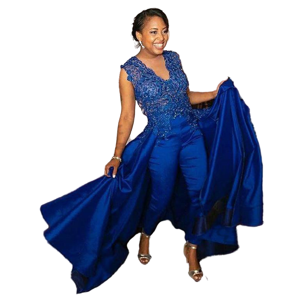 Elegant Royal Blue Women Jumpsuits Prom Dresses Detachable Skirt V-Neck Sleeveless Lace Applique Beaded Formal Party Evening Gowns African Arabic Sati