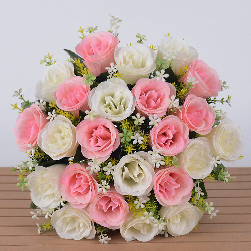 24 Buds Artificial Rose Flowers Bouquet Indoor Outdoor Wedding Party Backdrop Wall Road Home Decoration Valentine Mothers Day Floral Gifts