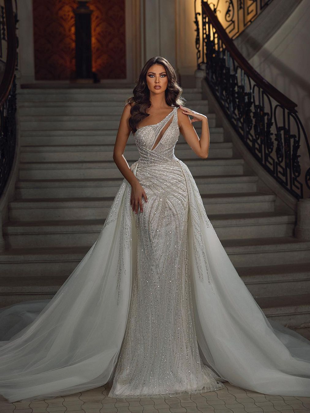 Sparkly Beads Mermaid Wedding Dress Sexy One Shoulder Sequins Saudi Arabic Sweep Train Bridal Gowns
