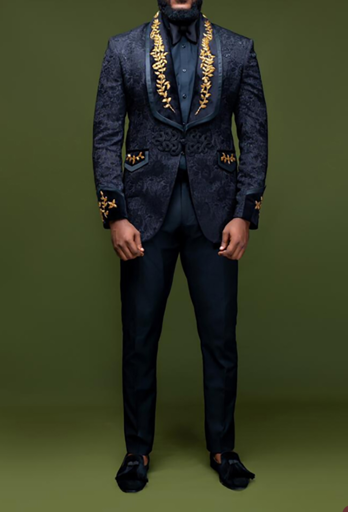 Luxury Gold Appliques Men Wedding Tuxedos Floral Pattern Custom Made One Button Formal Evening Prom Pants Suits 2 Pieces