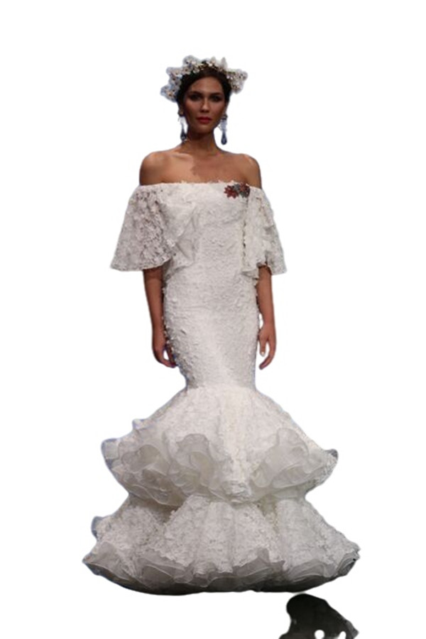 Off Shoulder Mermaid Wedding Dresses with Sleeves Lace Floral Tiered Skirt Dancing Princess Bridal Gown Flamenca Vestidos De