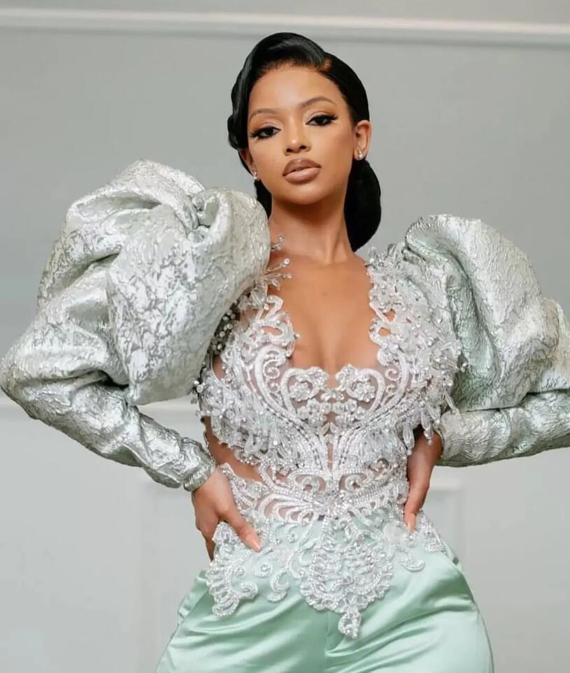 Mint Green Lace Stain Prom Jumpsuit Dresses with Puffy Long Sleeve Sheer Neck Beaded Crystal Aso Ebi Evening Gown Pant Suit