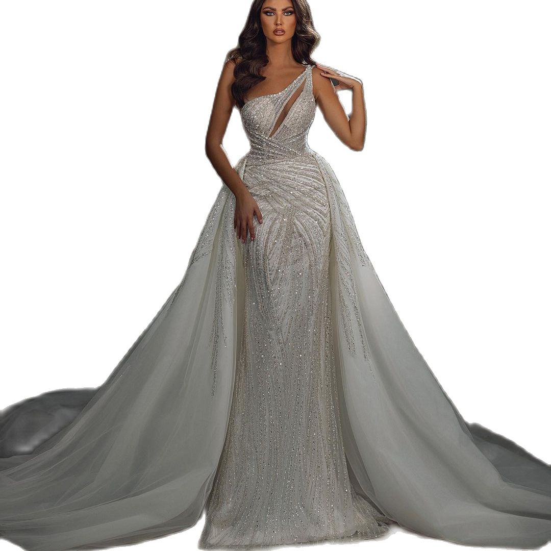 Sparkly Beads Mermaid Wedding Dress Sexy One Shoulder Sequins Saudi Arabic Sweep Train Bridal Gowns