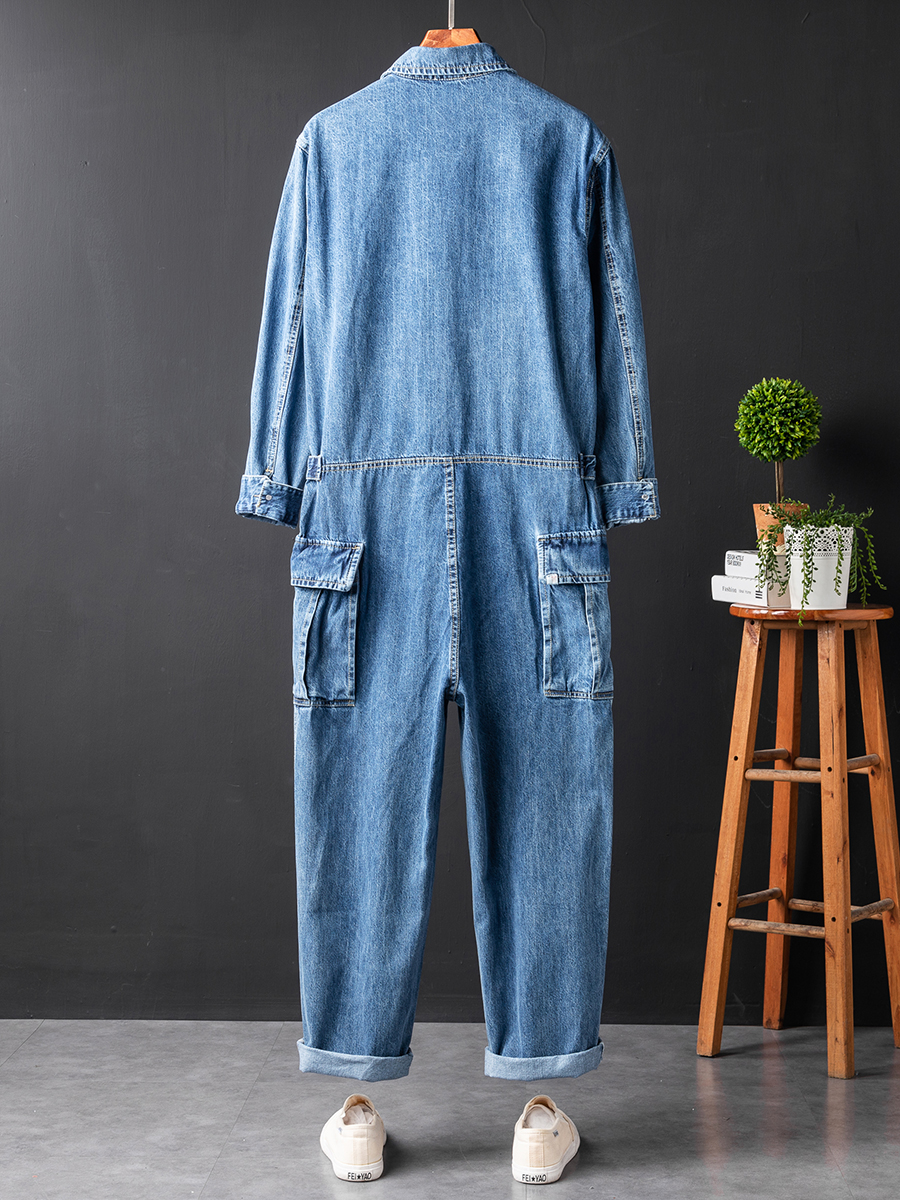 Gauges Men039s Jeans Loose Pockets Cargo Denim Long Sleeve Jumpsuits Hip Hop Overalls Blue Black