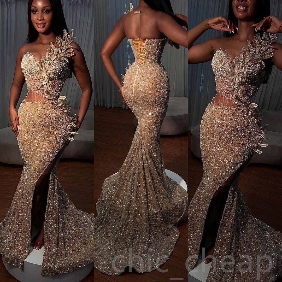 2023 Arabic Aso Ebi Mermaid Champagne Prom Dresses Beaded Crystals Evening Formal Party Second Reception Birthday Engagement Gowns Dress ZJ478