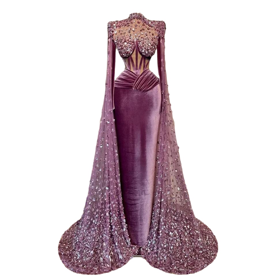 Graceful Velvet Purple evening Dresses with long Cape Sleeves Mermaid mirror Beaded Sequined high neck aso ebi prom Dress