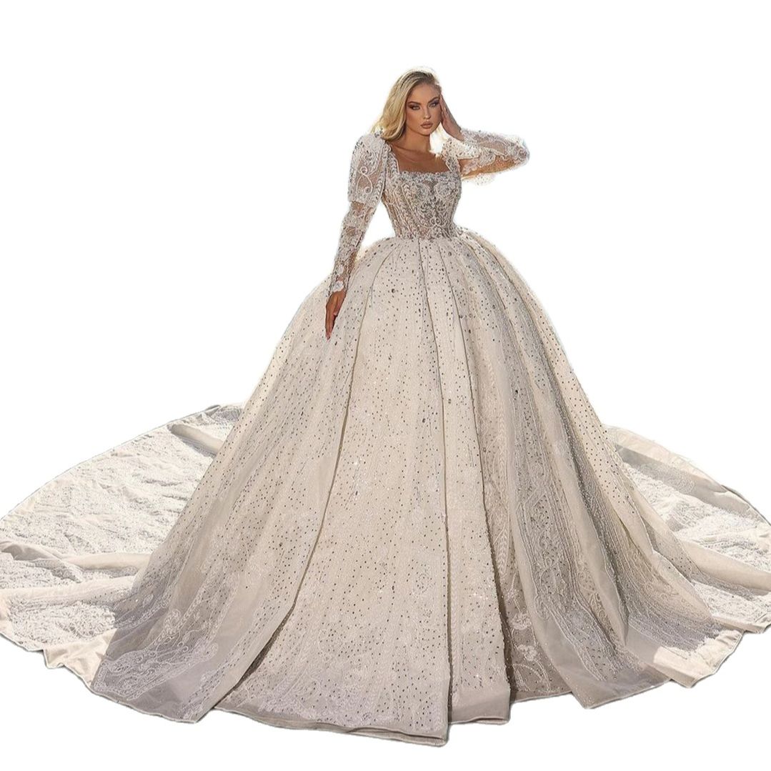 Luxurious Square Neck Wedding Dresses Long Sleeves African Bridal Dresses Beaded Crystal Sequins Satin Ball Gowns