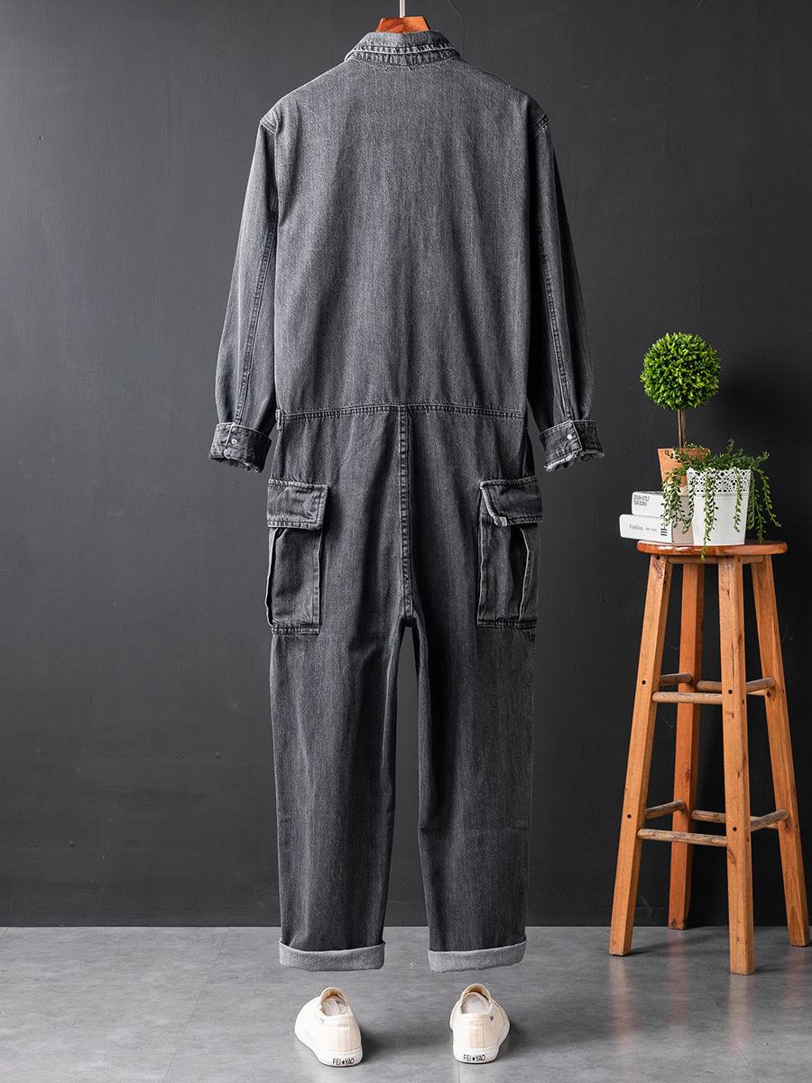 Gauges Men039s Jeans Loose Pockets Cargo Denim Long Sleeve Jumpsuits Hip Hop Overalls Blue Black