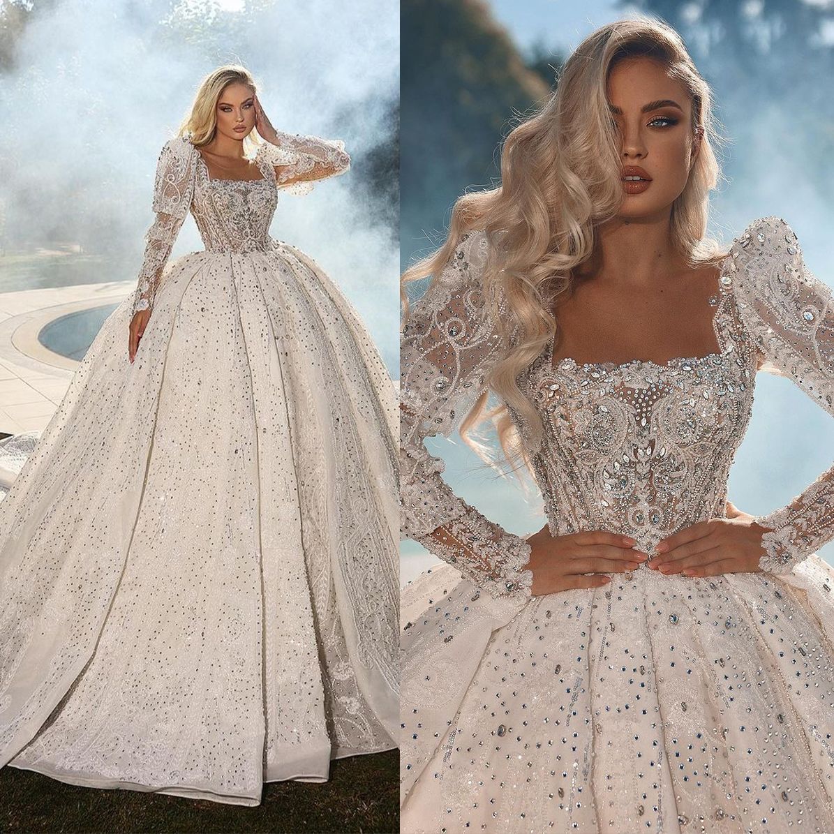 Luxurious Square Neck Wedding Dresses Long Sleeves African Bridal Dresses Beaded Crystal Sequins Satin Ball Gowns