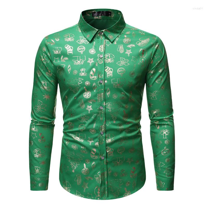 Men's Casual Shirts Mens Green Floral Print Dress Slim Fit Long Sleeve Christmas Shirt Men Party Wedding Tuxedo Chemise Homme XL
