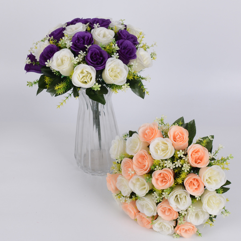 24 Buds Artificial Rose Flowers Bouquet Indoor Outdoor Wedding Party Backdrop Wall Road Home Decoration Valentine Mothers Day Floral Gifts