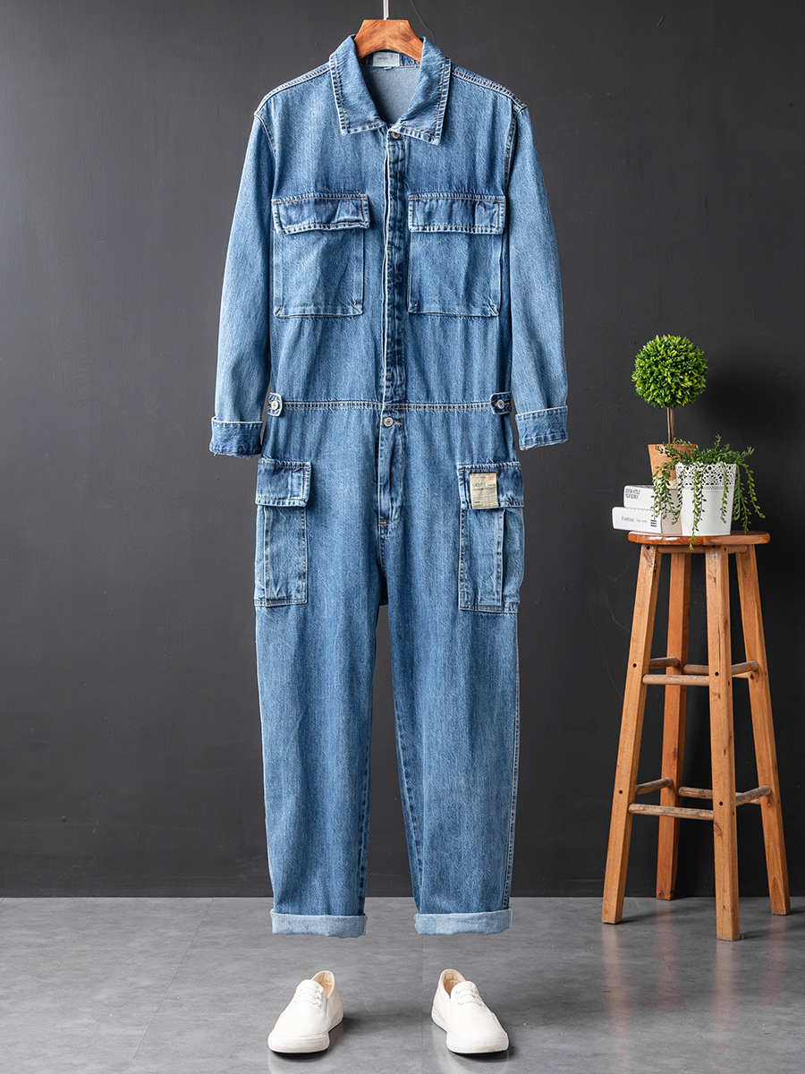Gauges Men039s Jeans Loose Pockets Cargo Denim Long Sleeve Jumpsuits Hip Hop Overalls Blue Black