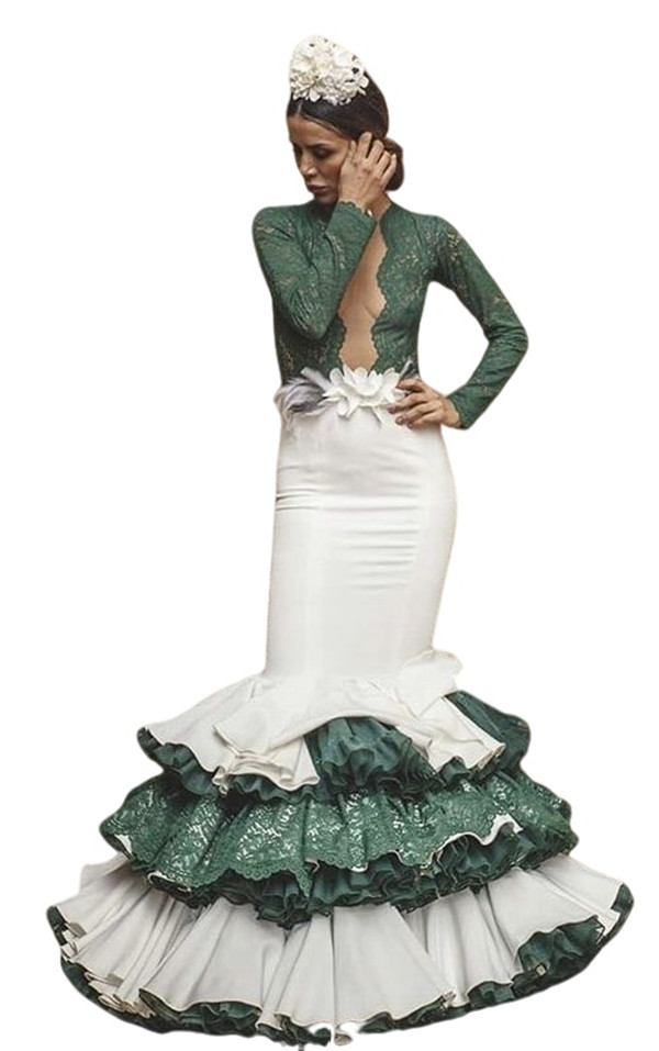 Hunter Green and White Mermaid Prom Dresses with Long Sleeve Lace Ruffles Tiered Skirt Evening Gown Vestido de flamenca
