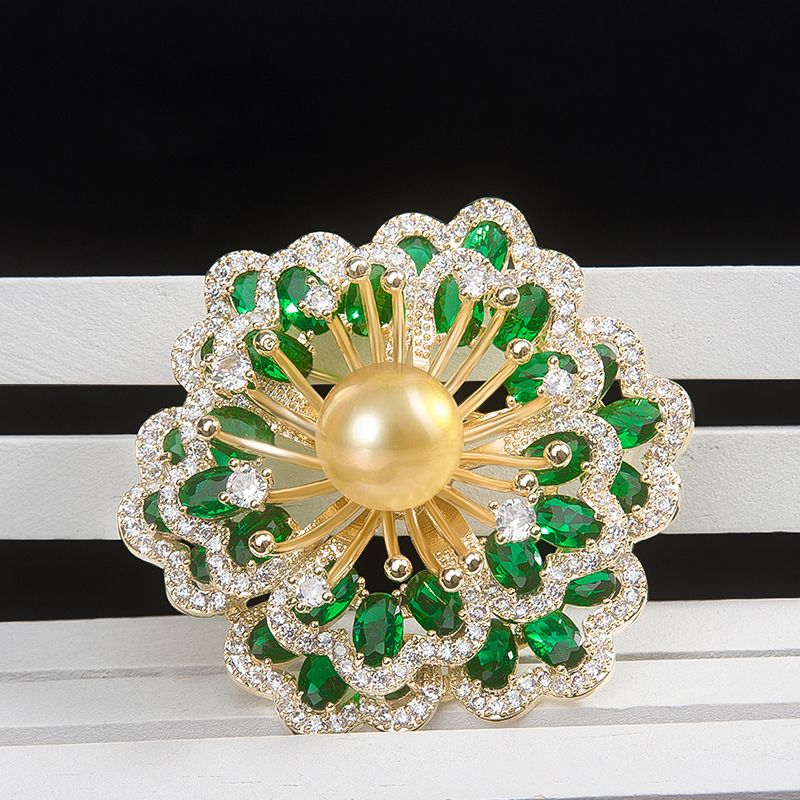 Classic Gold Pearl Brooch Double Layer Green Red Flower Brooches for Women Fashion Zircon Corsage Pin Clothing Jewelry