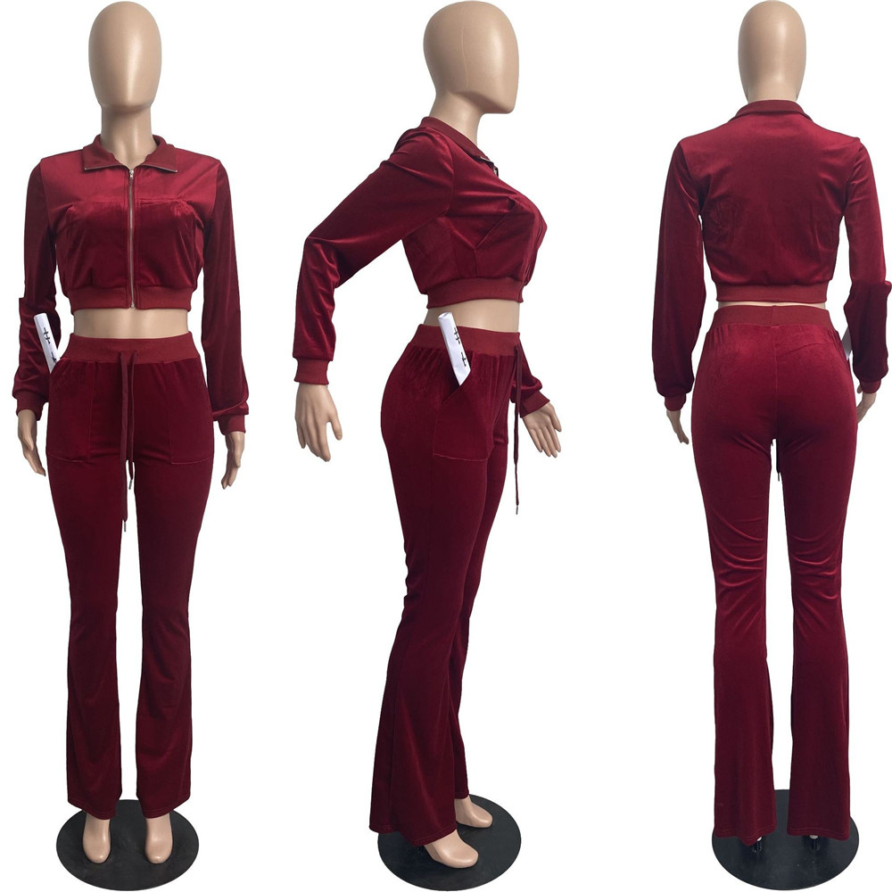 Designer Fall Winter Velvet Tracksuits Women Sweatsuits Long Sleeve Velour Jacket and Flare Pants Two Piece Sets Matching Outfits Casual Sports suits 
