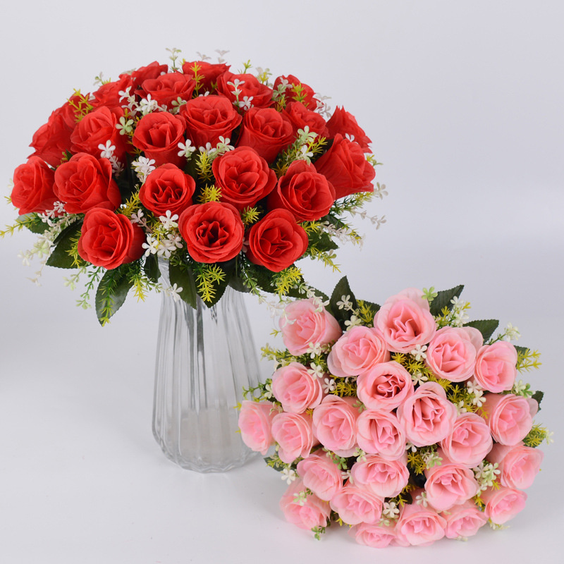 24 Buds Artificial Rose Flowers Bouquet Indoor Outdoor Wedding Party Backdrop Wall Road Home Decoration Valentine Mothers Day Floral Gifts