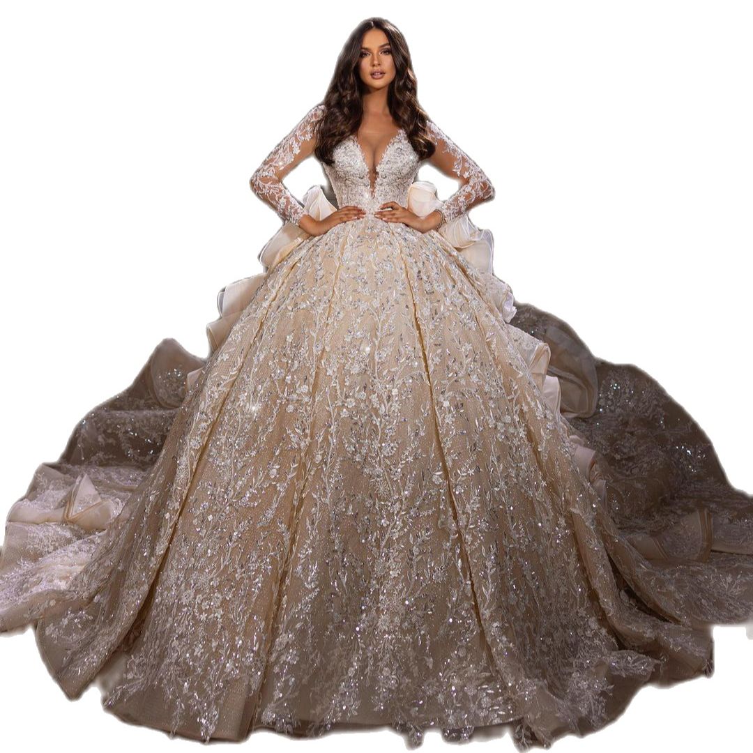 Cascading Ruffles Ball Gown Wedding Dress Illusion Sheer Neck Lace Appliques Long Sleeve Saudi Arabic Tiered Skirts Bridal Gowns