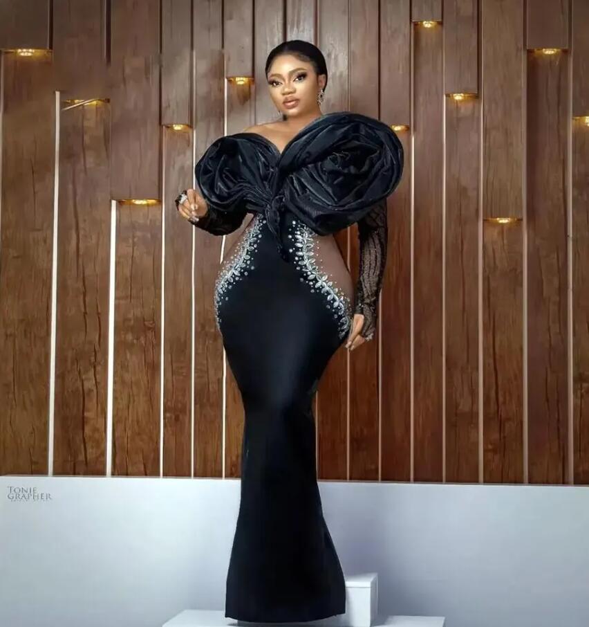 Aso Ebi Black mermaid Evening Dresses Ruffles Flower Crystals Beaded Long Sleeves Illusion Side african Occasion Prom Runway Pageant Gown