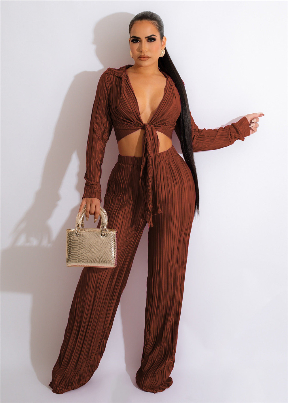 Wholesale Tracksuits Women Two Piece Sets Outfits Autumn Clothes Long Sleeve Bandage Shirt Top and Pants Matching Sets Casual Solid Sportswear 8609