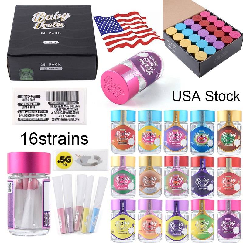 Usa Warehouse e Cig Accessories 2.5g Baby Jeeter Infused 0.5g Glass Jars Wax Container Dry Herb Storages Empty Bottle with Pre roll Papers 16Strains
Usa Warehouse e Cig Accessories 2.5g Baby Jeeter Infused 0.5g Glass Jars Wax Container Dry Herb Storages Empty Bottle with Pre roll Papers 16Strains