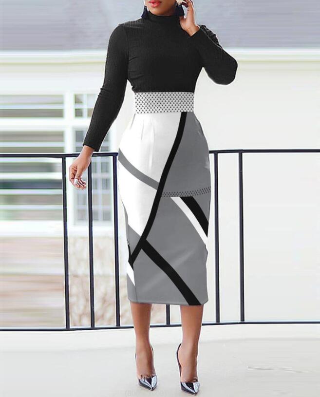 Autumn Winter Women Bodycon Long Dress Long Sleeve O-neck Print Elegant Slim Penclil Dress 2022 Casual Office Lady Midi Dresses