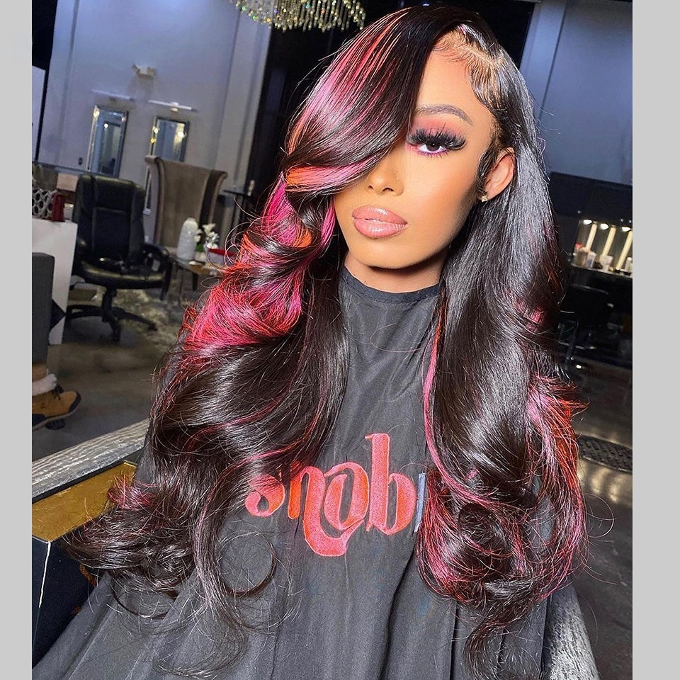 Long Brazilian Lace Front Wig Simulation Human Hair Body Wave Closure Wigs Highlight Pink Wig For Women Malaysia Synthetic