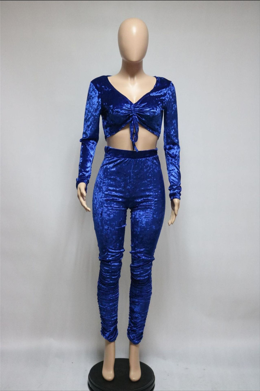 Wholesale Velvet Tracksuits Women Two Piece Sets Outfits Autumn Clothes Long Sleeve Pullover V Neck Crop Top and Pants Matching Sets Casual Solid Spor