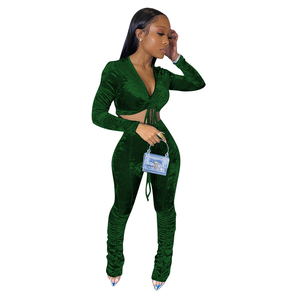 Wholesale Velvet Tracksuits Women Two Piece Sets Outfits Autumn Clothes Long Sleeve Pullover V Neck Crop Top and Pants Matching Sets Casual Solid Spor