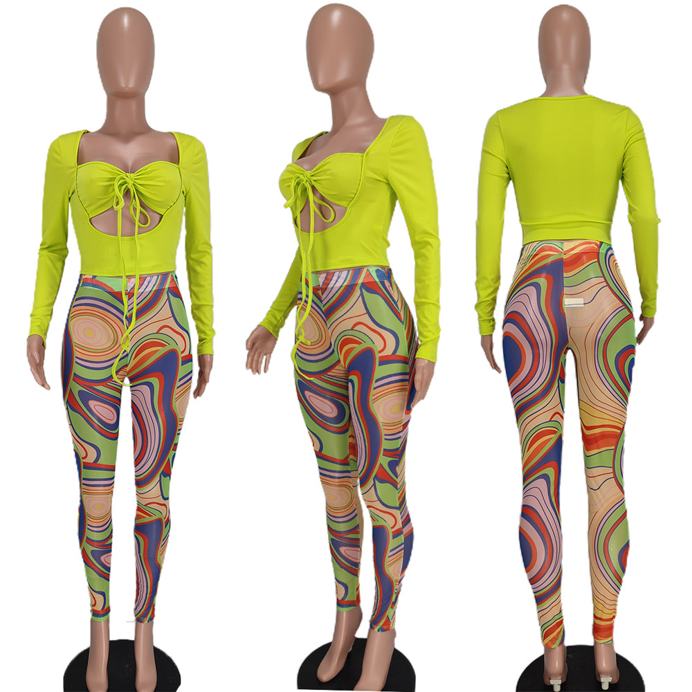 Wholesale Women Tracksuits Two Piece Set Autumn Outfits Long Sleeve Bandage Hollow Out Tops and Print Pants Mathing Sportswear Night Club Party Wear 8