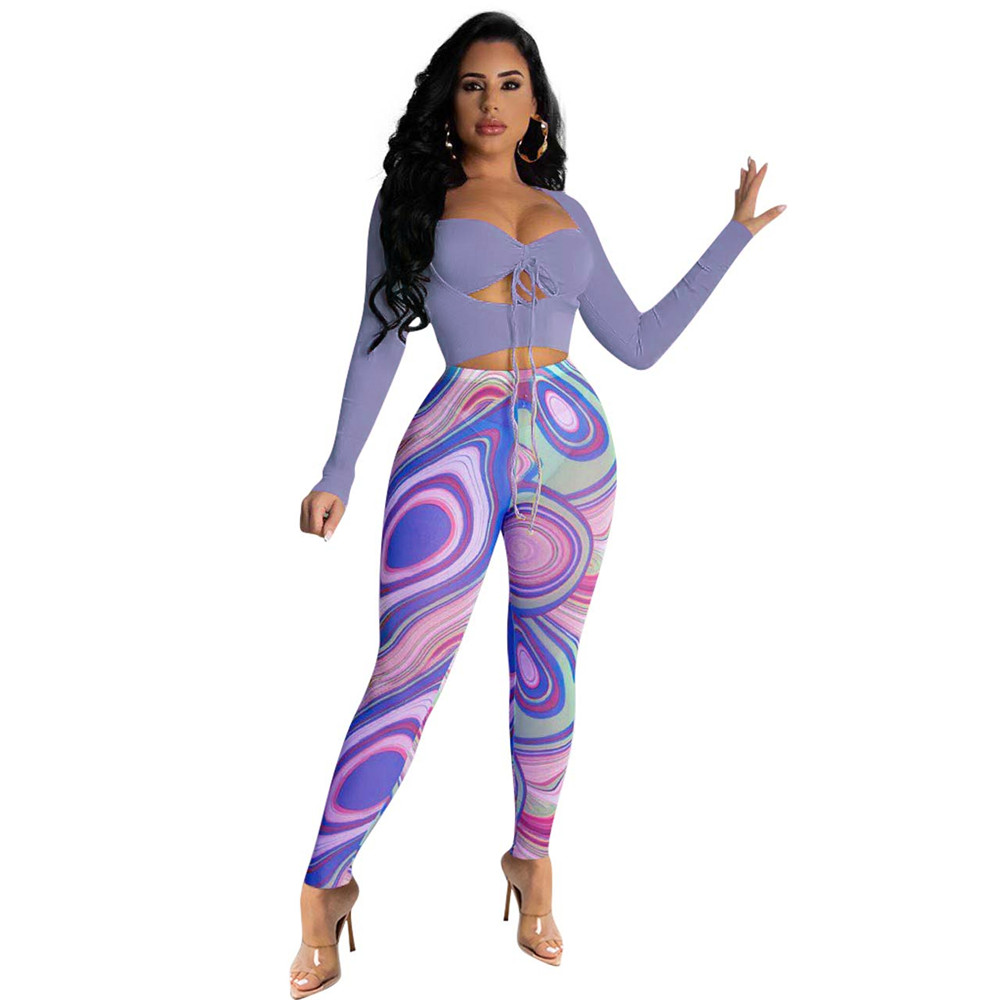 Wholesale Women Tracksuits Two Piece Set Autumn Outfits Long Sleeve Bandage Hollow Out Tops and Print Pants Mathing Sportswear Night Club Party Wear 8