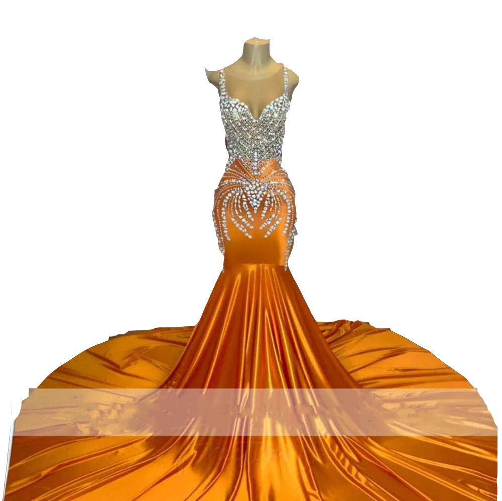 2023 Sexy Mermaid Prom Dresses Orange Silver Plus Size Arabic Illusion Neck Rhinestone Crystal Beading Illusion Sleeveless Evening Formal Party Gowns 