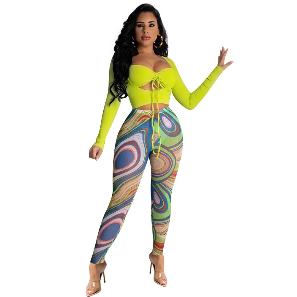 Wholesale Women Tracksuits Two Piece Set Autumn Outfits Long Sleeve Bandage Hollow Out Tops and Print Pants Mathing Sportswear Night Club Party Wear 8