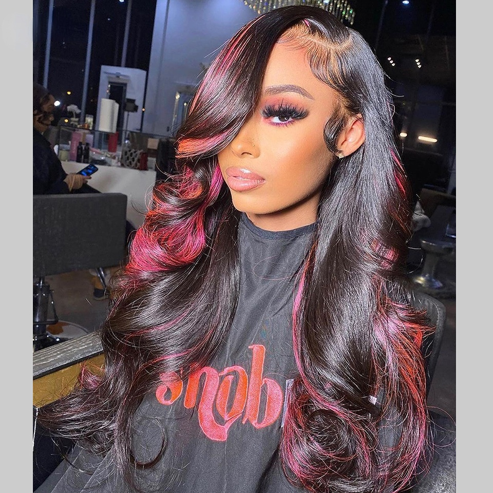 Long Brazilian Lace Front Wig Simulation Human Hair Body Wave Closure Wigs Highlight Pink Wig For Women Malaysia Synthetic