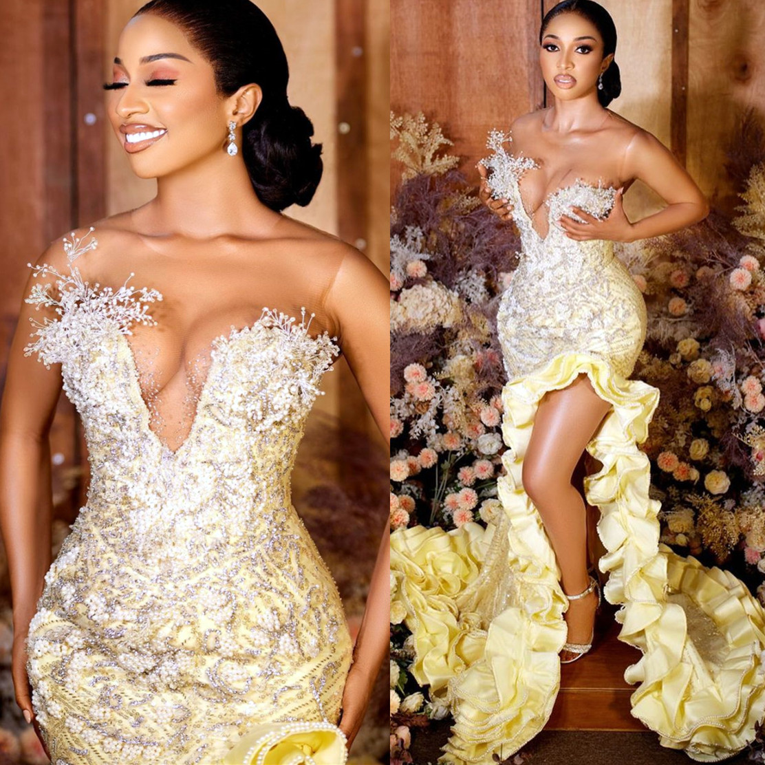 Arabic Aso Ebi Yellow Mermaid Prom Dresses Beaded Crystals Pearls Evening Formal Party Second Reception Birthday Engagement Gowns Dress ZJ 6660306