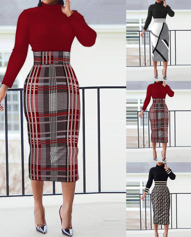 Autumn Winter Women Bodycon Long Dress Long Sleeve O-neck Print Elegant Slim Penclil Dress 2022 Casual Office Lady Midi Dresses