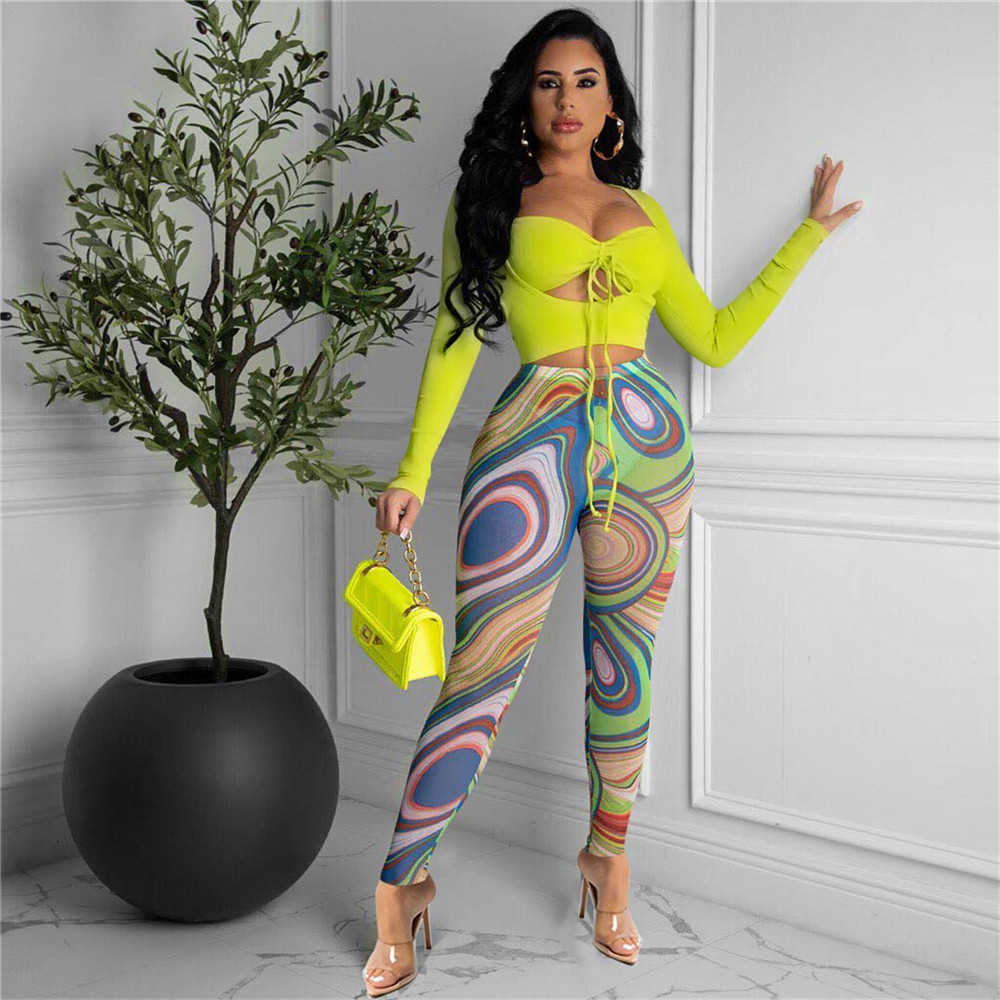 Wholesale Women Tracksuits Two Piece Set Autumn Outfits Long Sleeve Bandage Hollow Out Tops and Print Pants Mathing Sportswear Night Club Party Wear 8