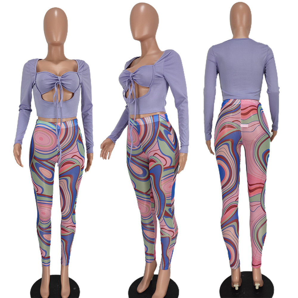 Wholesale Women Tracksuits Two Piece Set Autumn Outfits Long Sleeve Bandage Hollow Out Tops and Print Pants Mathing Sportswear Night Club Party Wear 8