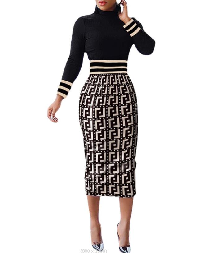 Autumn Winter Women Bodycon Long Dress Long Sleeve O-neck Print Elegant Slim Penclil Dress 2022 Casual Office Lady Midi Dresses