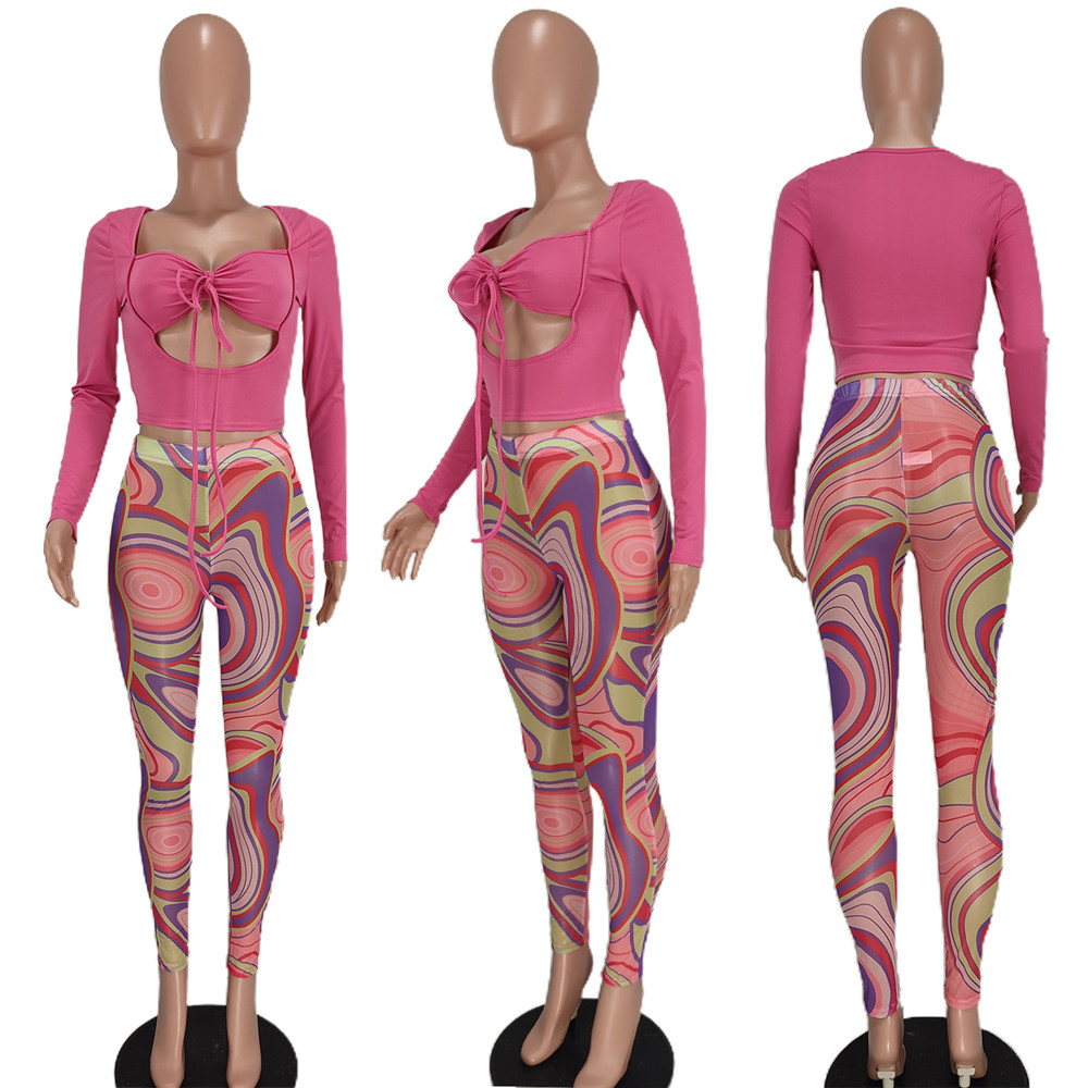 Wholesale Women Tracksuits Two Piece Set Autumn Outfits Long Sleeve Bandage Hollow Out Tops and Print Pants Mathing Sportswear Night Club Party Wear 8