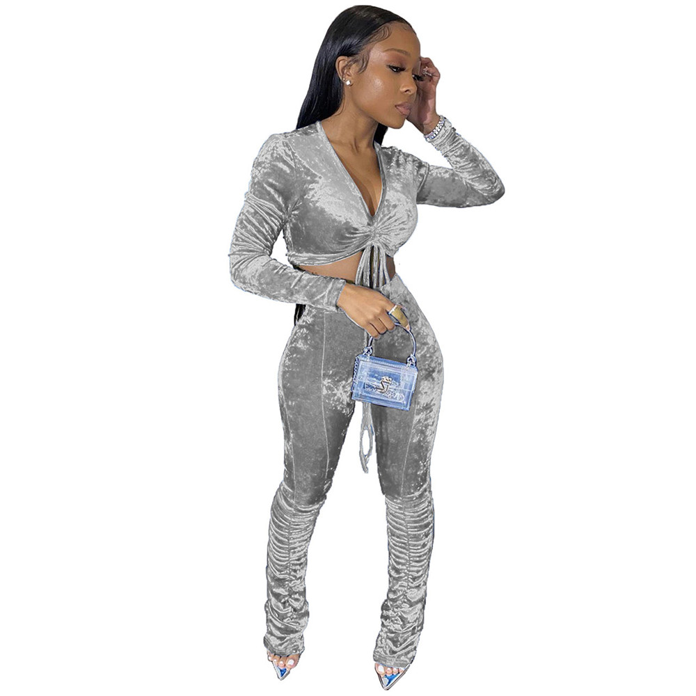Wholesale Velvet Tracksuits Women Two Piece Sets Outfits Autumn Clothes Long Sleeve Pullover V Neck Crop Top and Pants Matching Sets Casual Solid Spor