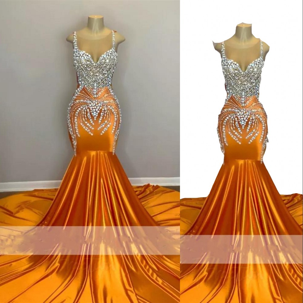 2023 Sexy Mermaid Prom Dresses Orange Silver Plus Size Arabic Illusion Neck Rhinestone Crystal Beading Illusion Sleeveless Evening Formal Party Gowns 