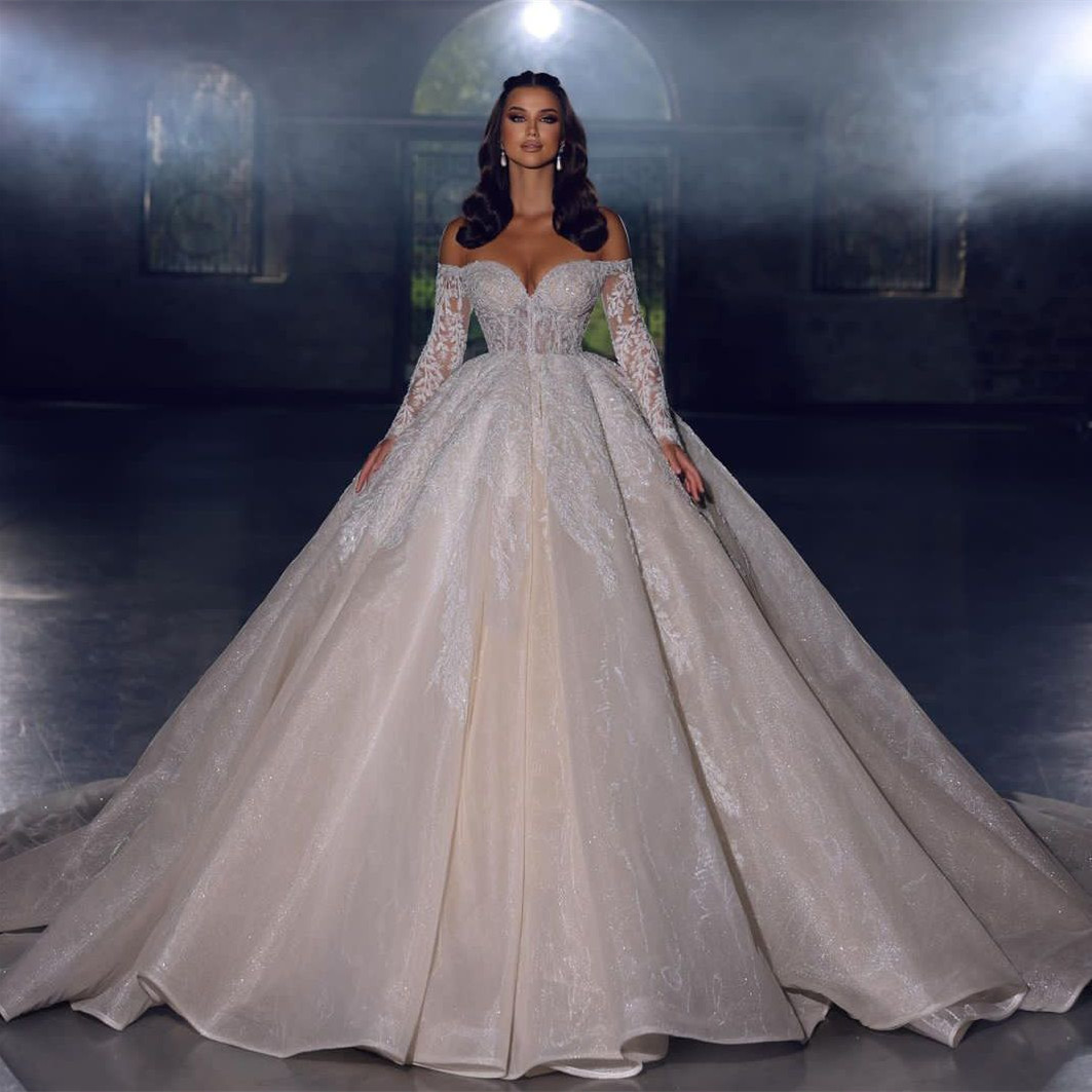 Elegant Ball Gown Wedding Dresses V Neck Long Sleeves Strapless Bed Applique Sequins 3D Lace Ruffles Celebrity Sparkly Plus Size Formal Bridal Gowns C