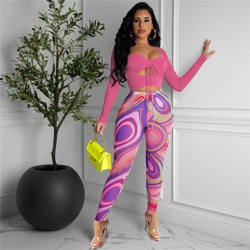 Wholesale Women Tracksuits Two Piece Set Autumn Outfits Long Sleeve Bandage Hollow Out Tops and Print Pants Mathing Sportswear Night Club Party Wear 8