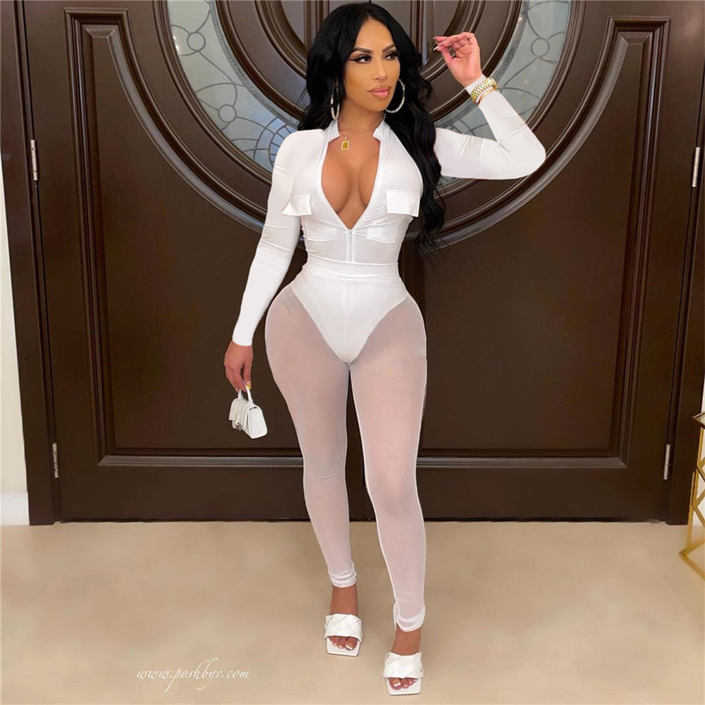 Bulk Wholesale Tracksuits Women Sexy Bodysuits and Mesh Pants Two Piece Sets Autumn Clothes Long Sleeve Rompers See Through Leggings Night Club Wear 8
