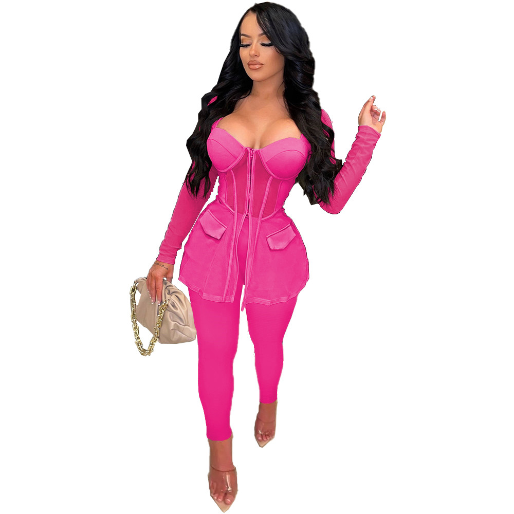 Wholesale Sexy Tracksuits Women Mesh Two Piece Sets Autumn Clothes Long Sleeve See Through Shirt Top and Pants 2pcs Mathing Set Night Club Party Wear 