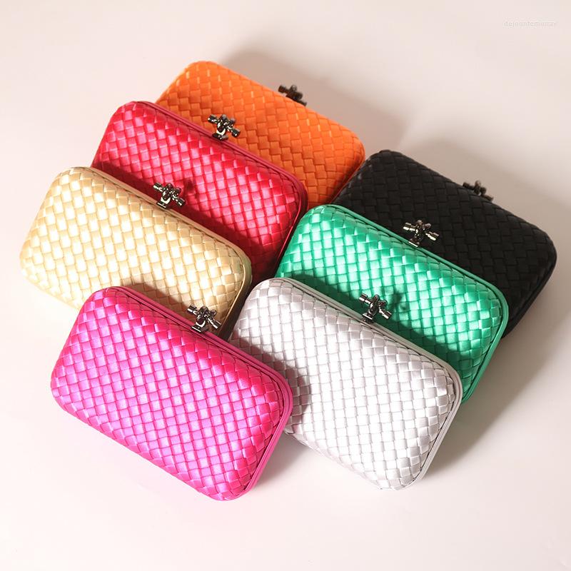 Evening Bags 2023 Bright Color Santin Knitting Vintage Clutch Dress Dinner Bag Fashion Chain Oblique Span Women Shoulder Handbag