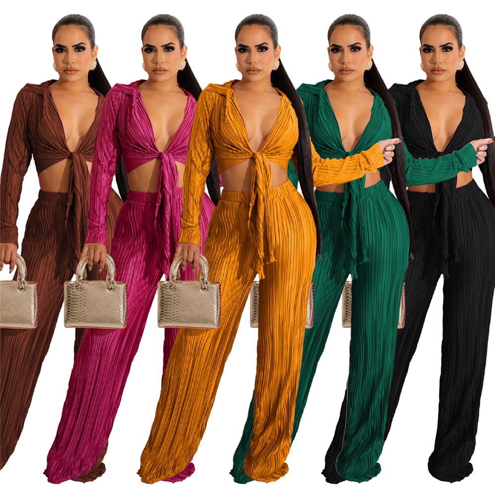 Wholesale Tracksuits Women Two Piece Sets Outfits Autumn Clothes Long Sleeve Bandage Shirt Top and Pants Matching Sets Casual Solid Sportswear 8609