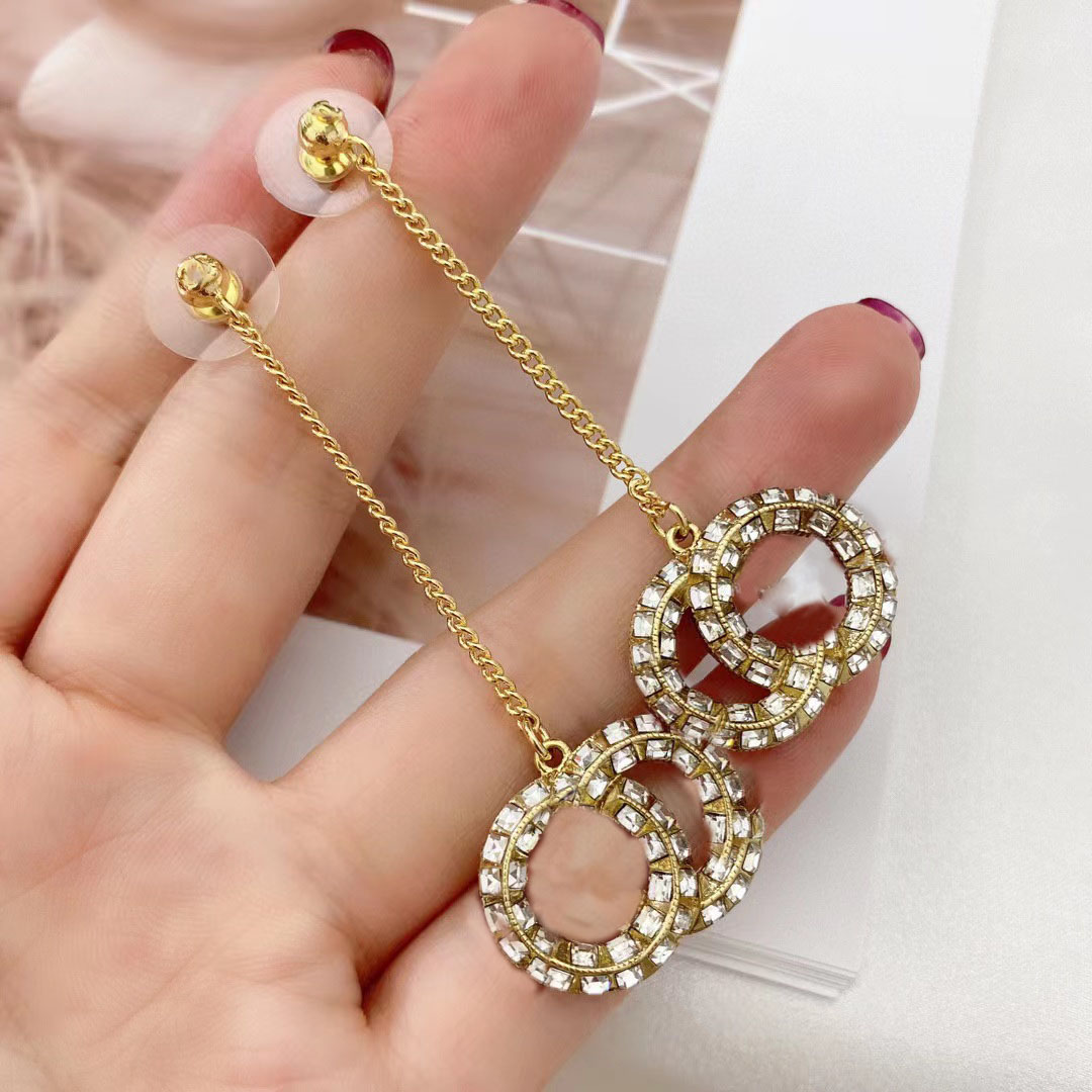 Fashion designer Dangle gold diamond earrings for women lady Party wedding lovers gift engagement jewelry with flannel bag
