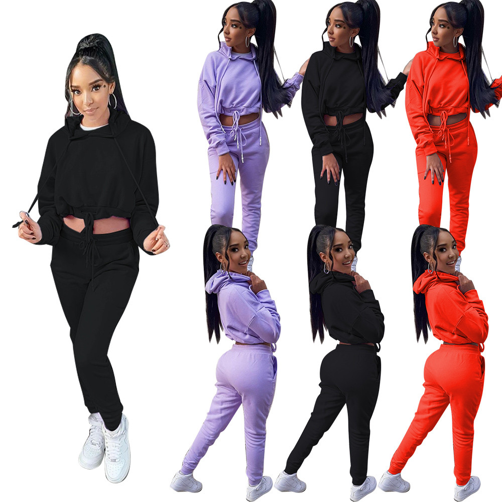 Fall Winter Women Tracksuits Plus size 2XL Jogger Suits Long Sleeve Outfits Bandage Hooded Hoodie and Pants Two Piece Sets Sweatsuits Casual Sportswea