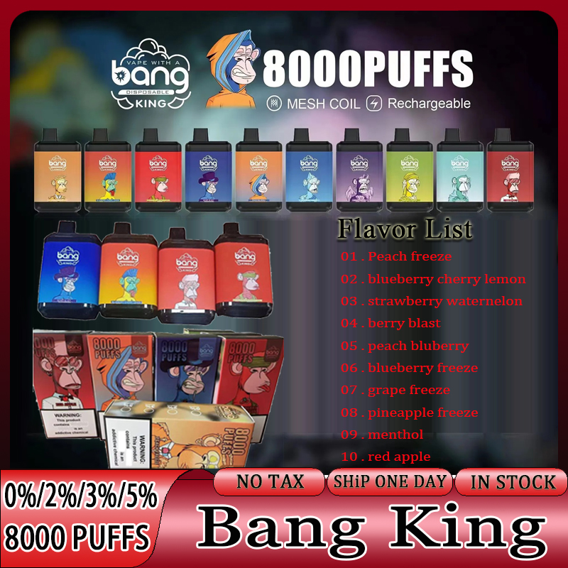 Original Bang King 8000 Puffs Disposable E-cigarettes Rechargeable Vape Pen Device Puff 8000 650mah 15ml Cartridges pod Mesh Coil Vaporizers with Lanyard 0% 2% 3% 5%